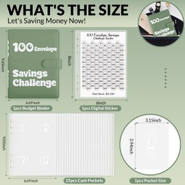 Zuozee 100 Envelopes Money Saving Challenge Binder, A5 Savings Challenges Book with Envelopes & Tracker, Savings Binder 100 Pocket Pre-Numbered, Save $5050, Green