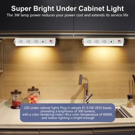 USDGTKN 14'' Plug-in Under Cabinet Lights with Outlet Switch,120V Under Cabinet Lighting Bar,3000K-6000K Dimmable Under Counter Lights with USB/Type-C Interface for Kitchen,Garage, Workbench