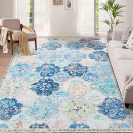 Topllen Boho Washable Area Rugs for Living Room - 4'x6' Non Slip Bedroom Rugs, Soft Low Pile Non Shedding Floor Carpet for Entryway, Vintage Print Distressed Indoor Playroom Nursery Home Rugs