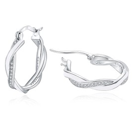 HEEYA Sterling Silver Hoop Earrings,Hoop Earrings for Women-White Small Hoop Earrings,Huggie Earrings for Kids Girls-Twist Sleeper Earrings,Cubic Zirconia 20mm White Earrings Women with Jewellery Box