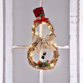 DearHouse 16 x 8 Inch Lighted Christmas Wreath Decoration, Grapevine Wreath with Hat and Bow Snowman Shape Wreath for Front Door Home Garden Wall Decor