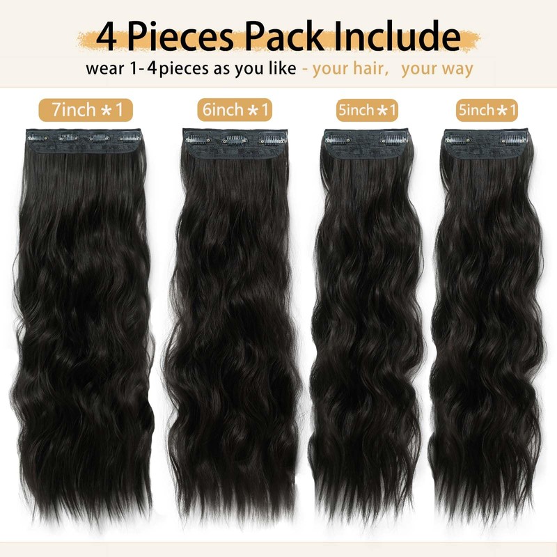 Wavy Clip in Hair Extensions 16 Inch Black Brown 4Pcs