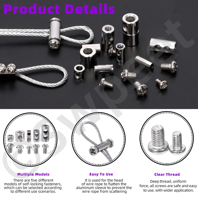 Swpeet 121Pcs Adjustable Wire Rope Clips Clamp and Aluminum Crimping