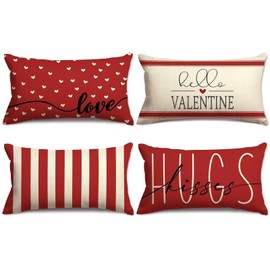 Valentines Day Pillow Covers,12x20in Set of 4 Red and White Love Heart Valentine Pillows Decorative Throw Pillows Covers Valentine's Day Pillow Cases Home Couch Sofa Wedding Anniversary Decorations