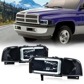G-PLUS LED C Light Bar Headlights Assembly Fit Dodge Ram 1500 1994-2001/Fit Dodge Ram 2500 3500 1994-2002 Headlamps w/o Bulbs DRL Smoky Lens Black Housing Clear Reflector,faros delanteros