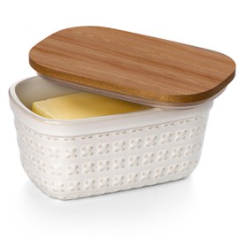 Nucookery Ceramic Butter Dish, Embossed Butter Keeper with Wood Lid for Countertop, Butter Holder and Container with Double Silicone Seal (Cross Pattern)