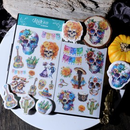 CATaireen Rub On Transfers for Carfts Vintage Stickers for Wood Glass Paper Fabric Cloth Scrapbooking Decals Journaling Supplies Flowers Mushroom Skull Botanical Elements (Day of The Dead)