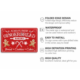 Always Fresh Gingerbread Bakery Tin Sign Funny Christmas Metal Signs Retro Santa Sign Christmas Wall Art Decor For Home Cafe Shop 5.5x8 Inch