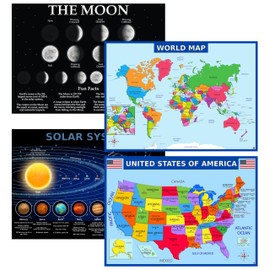 World Map, United States Map, Solar System, and Moon Phases Posters – Laminated 14x19.5 in – Educational Posters, Classroom Decorations, Teachers Supplies, Virtual Learning for Kids, Homeschool Decor