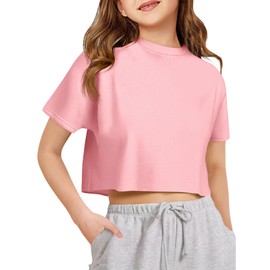 Girls Athletic Oversized Crop Tops Kids Drop Shoulder Short Sleeve T Shirts Workout Tees 5-14 Years Pink