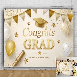 10x8ft Gold Graduation Backdrop Class of 2025 Glitter Balloons Bachelor Cap Congrats Grad Backdrops for Photoshoot Congratulations Grad Graduations Party Decorations Photography Background
