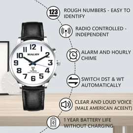 MAUJOY VOYTEL Quality Clear and Loud Voice English Radio Controlled Atomic Talking Watch Speaks The Time, Date or Alarm time for Elderly, Impaired Sight or Blind