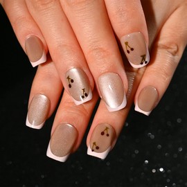 Sethexy Coffin Press on Nail Short - Cat Eye, French Tip, Cherry Design Acrylic False Nail for Women 15 Sizes - 30 Pcs Soft Gel Nail Kit with Glue