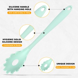 GUDGI Spaghetti Spoon Set with Non-Slip Silicone Teeth, 12-Inch Non-Slip Pasta Spoon, Heat Resistant Kitchen Utensils with Storage Holes, Dishwasher Safe (green)