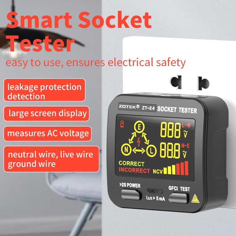 Socket Tester, Plug Tester for Electrical outlets,ZT-E4, Leakage Detector with