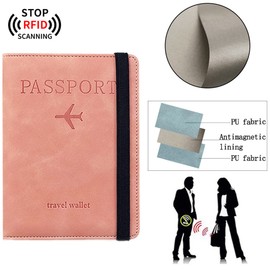 LELYFIT Passport Book Holder Cover Case with Elastic Strap,PU Leather RFID Blocking Document Organizer Protector,Travel Wallet Accessories,for Credit & ID Cards, Boarding Passes (Pink)