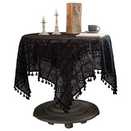 apott Crochet Lace Tablecloth with Tassel Rectangular Table Cover for Kitchen Dinning Wedding Party Decoration Black 55x79 Inch