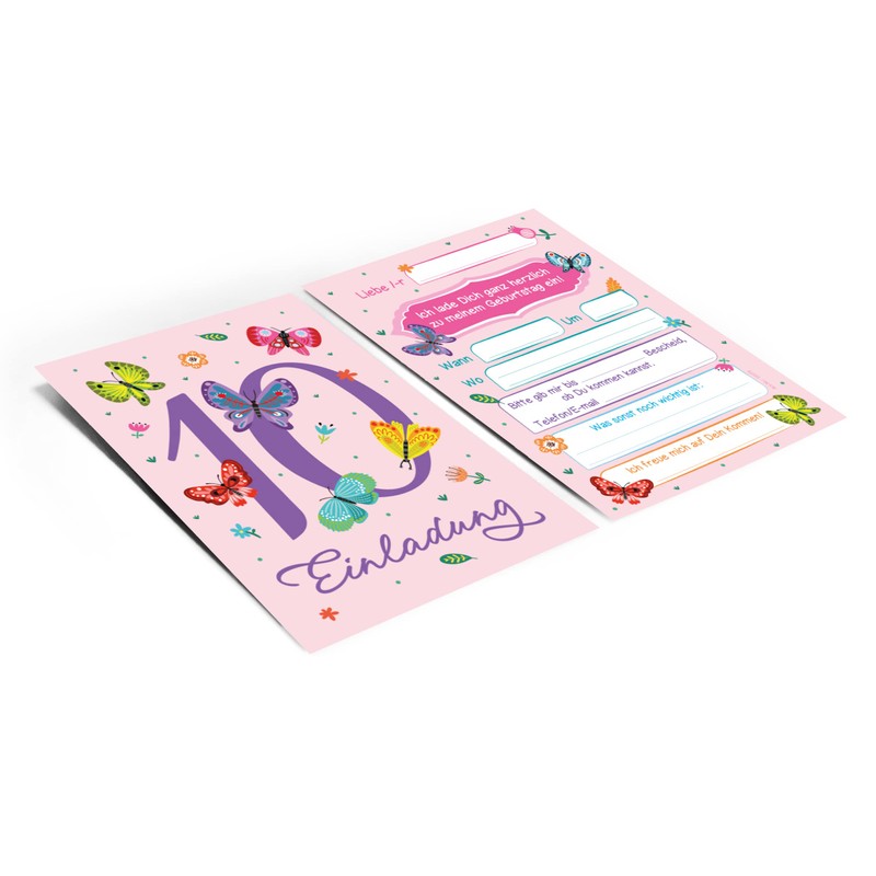 Junapack 12 Invitations for 10th Birthday Girl Butterflies