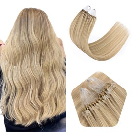 Micro Bead Hair Extensions Real Human Hair 18 Inch Beaded Hair Extensions #18/613 Highlight Ombre Color Blonde Remy Micro Link Hair Extension