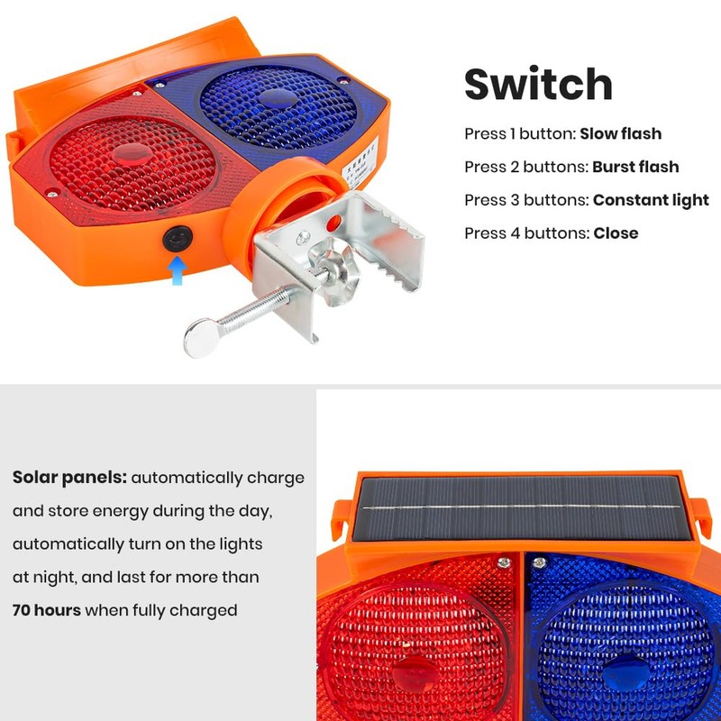 Solar Strobe Warning Light, 3 Working Modes Double Side Red