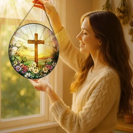 8 Inch Stained Glass Cross and Wildflowers Suncatcher Christian Stained Glass Windows Hanging Flower Cross Gift for Religious Easter Faith Christian Gifts Cross Home Decor