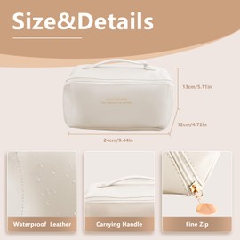 Large Capacity Makeup Bag- PU Leather Portable Makeup Organiser, Travel Toiletry Bag, Waterproof Jewellery Box, Ladies Make Up Bag Zipper Bag with Handle and Divider (Beige)