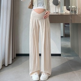 Momkong Summer Maternity Office Pants for Pregnant Women Beige Black/M