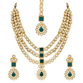 I Jewels Womens Gold Plated Indian Wedding Bollywood Kundan Necklace Jewellery Set With Earrings & Maang Tikka (Ij357G) Free Size Green