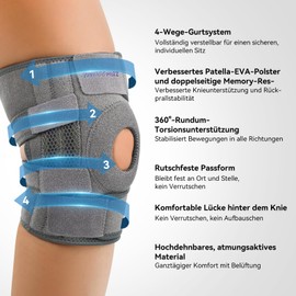 INDEEMAX Knee Support for Men and Women, Knee Brace, 4-Way Adjustable, Knee Support, Open Patella, Knee Brace for Meniscus, Osteoarthritis, Knee Pain, Sports, Running, Pack of 1, Grey
