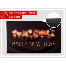 PHENO FLAGS Happy New Year Flag 90 x 150 cm - Weatherproof Flag with Metal Eyelets and Special Sealing Technology - Double Hemmed Flag with Brilliant and Vibrant Colours
