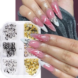 6 Grids Metal Bow Nail Art Charms -3D Gold Sliver Bow Nail Charms Small Steel Balls Designs for Acrylic Nail Art Jewelry with Rhinestones Nails Art Supplies for Women DIY Crafts Decoration Accessories