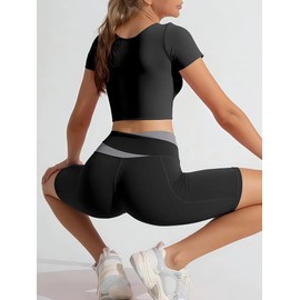 ZiaWorld 4pcs Women Yoga Wear Workout Set with Zipper Long Sleeve Jacket Fitness Yoga Leggings Short Sleeves Top for Running Fitness Seamless Tracksuit (Black, M)