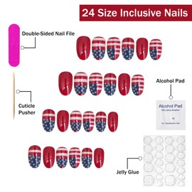 4th of July Press on Nails Short Oval SWEKKE Fake Nails False Nails with Designs American Flag Stars White Blue Red Glossy Glue on Nails Acrylic Nails for Women Girls 24Pcs