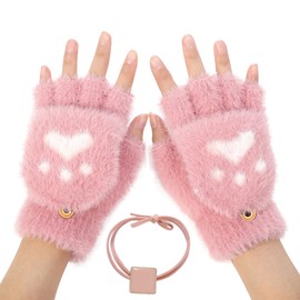 Doukesh Half-finger gloves women, cat paw gloves, women's fingerless gloves, cover reversible gloves, winter gloves, winter, plush half gloves for girls and children, pink