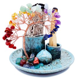 5 in 1 Incense Burner Holder with Crystal Healing Tree, Palo Santo Holder, Sage Holder, Incense Holder for Sticks/Cones/Candles, Ceramic Tray Ash Catcher for Burning Incense, Meditation Gift