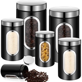 Maxdot 6 Pcs Black Canisters Set for Kitchen Counter Coffee Jars with See Through Window Kitchen Jars Sugar Container Fingerprint Resistance Kitchen Canisters Set(Black)