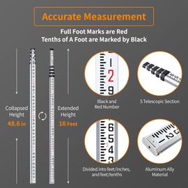 Firecore 16-Foot Aluminum Grade Rod - 10ths, 5 Sections Telescopic with Bubble Level-FLR500B