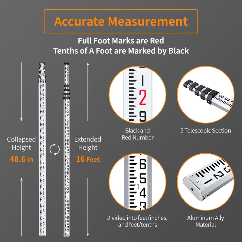 Firecore 16-Foot Aluminum Grade Rod - 10ths, 5 Sections Telescopic