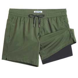 MaaMgic Mens Swim Trunks with Compression Liner 2 in 1 Swimming Shorts Stretch 5.5" Quick Dry Bathing Suits,Dark Green,Large