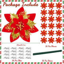 16Pcs Christmas Poinsettia Flower Decorations Artificial Red Gold Glitter Poinsettia Decorations Red Poinsettia Christmas Ornaments Poinsettia Christmas Tree Decoration for Xmas Wedding Party Decor