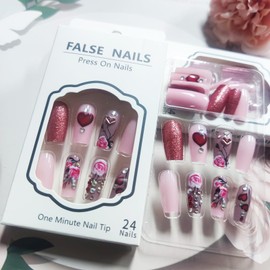3D Love Heart Press on Nails Valentines Acrylic Fake Nails Medium Square Glossy Pink Rose False Nails Rhinestones Stick on Nails Romantic Gift Gel Glue on Nails for Coquette Women Girls 24Pcs