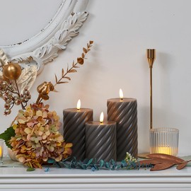 glowiu Flameless Candles Battery Operated with Remote (H 4" 5" 6" x D3) LED Pillar Candles Set of 3 Twisted Candles for Holiday, Party, Home Decor Indoor and Outdoor Events (Light Gray)