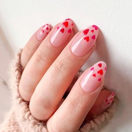 Press on Nails Medium Short Almond French Tip Fake Nails with Nude Pink Heart Design Full Cove False Nails Medium Short Almond Glossy Acrylic Glue on Nails Thick Stick on Nail for Women 24Pcs JP2240