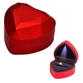 Jinlaili Wedding Ring Box, 70 x 65 x 45 mm Ring Box with LED, Ring Box with Velvet Interior, Jewellery Presentation Box, Heart Ring Box for Proposal, Engagement, Wedding Counter Display (Red)