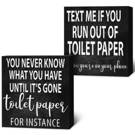 Jetec 2 Pieces Funny Farmhouse Bathroom Signs Black Wooden Rustic Box Signs Decor Bathroom Wall Art Toilet Paper Quotes for Home Guest Restroom Toilet Wall Shelf Decoration, 6 x 6 Inch