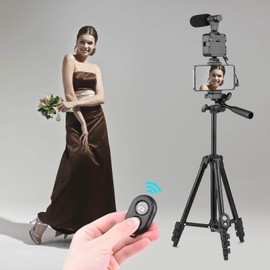 Camerina Kit de Video para Celular, Kit de Trípode Soporte de Teléfono para Vlog Trípode de Altura Ajustable con Micrófono de Zapata Fría Luz de Video LED Obturador Remoto