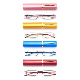 HIGHLIKE 4-Pack Slim Pocket Reading Glasses Men Women, Compact Readers Super Clear Lens, Spring Hinge Metal Frame Eyeglasses, Red Golden Blue Pink 1.0 x
