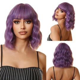 Tangyaoyusun 16Inch Short Wavy Wig with Bangs Shoulder Length Bob Curly Synthetic Wigs with Natural Wavy Hair Rose Net for Daily Party Use (Dark Purple)
