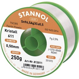 Stannol 813011 Soldering Wire Crystal 611 2.5% 0.5 mm Flowtin TSC305 (Sn96, Ag3Cu0.5) Fairtin 250 g Spool