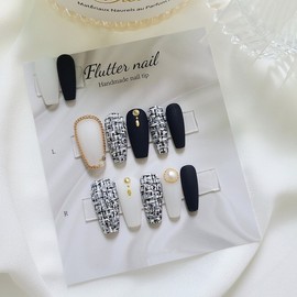 Black tweed gold point handmade nail tip - long ballet / 블랙 트위드 골드포인트 수제네일팁 - 롱발레